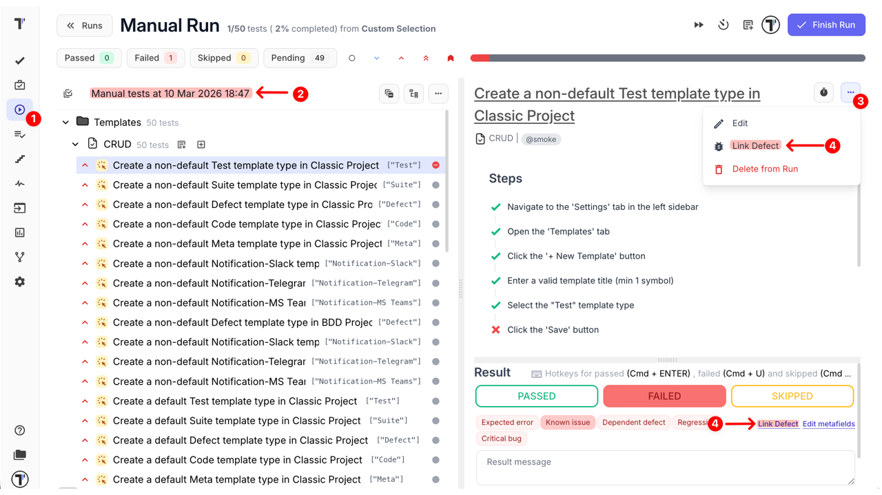 Link a Defect from Failed Test Run